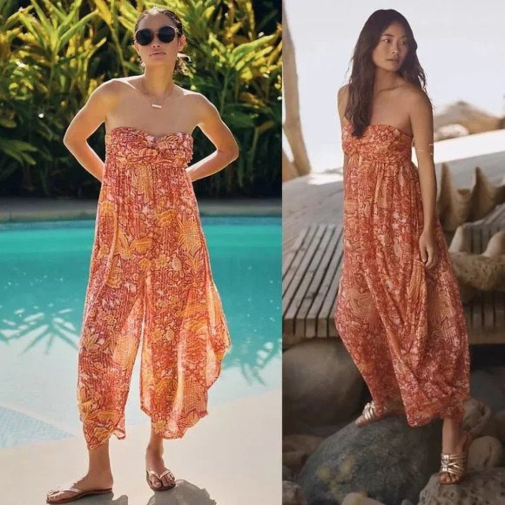 New Anthropologie Orange/Pink Metallic Floral Print Harem Jumpsuit P3163